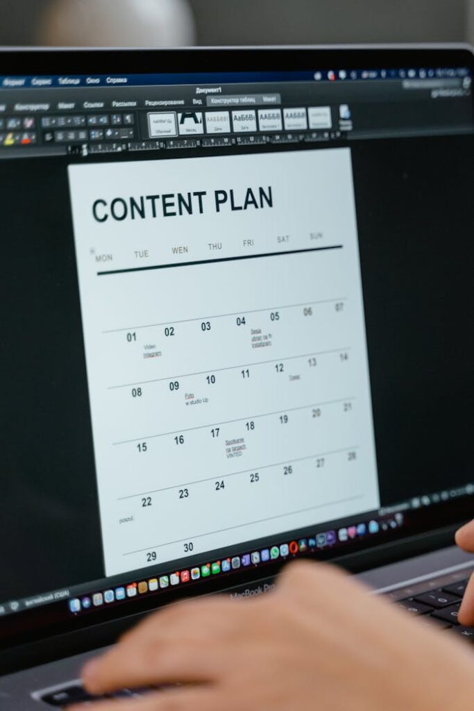 pexels-photo-7668396 Close-up of digital content plan on laptop screen, ideal for scheduling visuals.